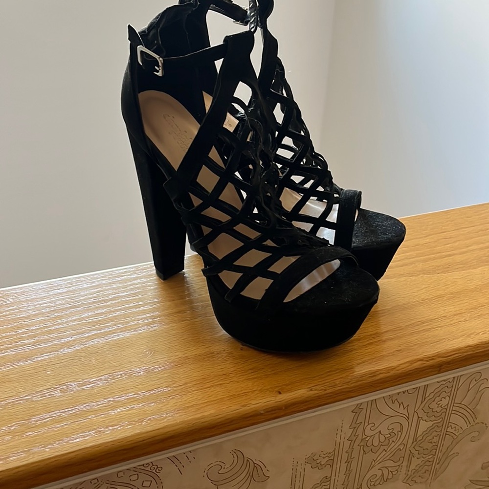 Black suede Charlotte Russe caged peep-toe heels